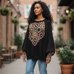 Y Halston Women’s Black Oversized Sweater with Colorful Crochet Patchwork